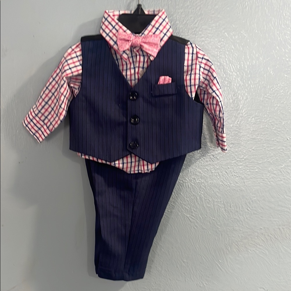 Andrew Fezza Navy Pinstripe Vest Suit with Pink Bow Tie
